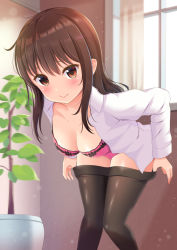 Rule 34 | 1girl, aibumi, black pantyhose, blouse, blush, bra, breasts, brown eyes, brown hair, cleavage, closed mouth, collarbone, collared shirt, curtains, dress shirt, highres, indoors, knees together feet apart, leaning forward, long hair, long sleeves, looking at viewer, medium breasts, open clothes, open shirt, original, panties, pantyhose, plant, potted plant, purple bra, purple panties, school uniform, shirt, sidelocks, smile, solo, standing, sunlight, underwear, undressing, white shirt, window