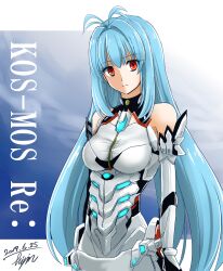 Rule 34 | 1girl, armored leotard, blue hair, breasts, character name, closed mouth, core crystal (xenoblade), dated, elbow gloves, gloves, hisin, kos-mos, kos-mos re:, leotard, long hair, looking at viewer, medium breasts, no headgear, red eyes, signature, solo, very long hair, white gloves, white leotard, xenoblade chronicles (series), xenoblade chronicles 2, xenosaga