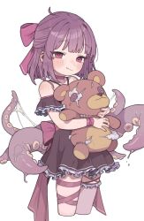 Rule 34 | 1girl, absurdres, blush, bow, closed mouth, commentary, cropped legs, dress, fallenshadow, fang, fang out, female focus, hair bow, highres, holding, holding stuffed toy, indie virtual youtuber, looking at viewer, opossumachine, purple hair, ribbon, short hair, solo, stuffed animal, stuffed toy, teddy bear, tentacles, thigh strap, virtual youtuber