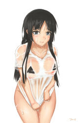 Rule 34 | 1girl, akiyama mio, black hair, blue eyes, blush, breasts, covered erect nipples, jonathan h, k-on!, large breasts, long hair, looking at viewer, nipples, see-through, shirt, shirt tug, simple background, solo, tears, wet, wet clothes, wet shirt, white background