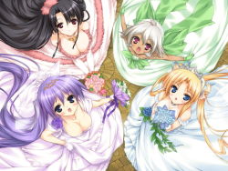 Rule 34 | 4girls, black hair, blonde hair, blue eyes, blush, bouquet, bow, breasts, bridal veil, bride, cleavage, dark skin, dark-skinned female, double bun, downblouse, dress, elbow gloves, fang, flat chest, flower, from above, game cg, gloves, jewelry, kirisaki kaede, large breasts, long hair, looking at viewer, looking up, momoiro guardian, multiple girls, necklace, open mouth, outstretched arms, pink eyes, pointy ears, ponytail, purple hair, red eyes, rena fraulain, rose, shao, shiromiya shizuku, short hair, spread arms, tiara, twintails, urotan, veil, very long hair, wallpaper, wedding dress, white hair