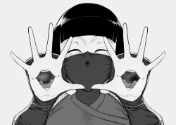 Rule 34 | 1girl, arm guards, bob cut, breath, closed eyes, commentary request, extra mouth, greyscale, hand mouth, highres, japanese clothes, kiyoshi2431, mask, monochrome, mouth mask, ninja, ninja mask, original, portrait, simple background, solo, tongue, tongue out, white background