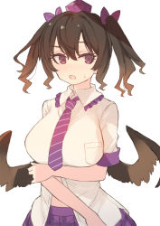 Rule 34 | 1girl, bad id, bad pixiv id, blush, bow, breast hold, breast pocket, breasts, brown hair, brown wings, commentary request, feathered wings, frilled shirt collar, frills, hair between eyes, hair bow, hat, himekaidou hatate, large breasts, looking at viewer, necktie, open mouth, pocket, purple bow, purple eyes, purple necktie, purple skirt, shirt, short hair, short sleeves, simple background, skirt, solo, sweat, tokin hat, touhou, tsukeo, twintails, upper body, white background, white shirt, wings