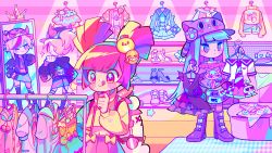 Rule 34 | 3girls, :q, ;), absurdres, animal hat, animal print, b611-planet, black headwear, black jacket, black thighhighs, blonde hair, blue hair, blue hairband, blue skirt, blunt bangs, blush, boots, buro (muse dash), cat hat, cat print, chinese commentary, closed mouth, clothes shop, commentary request, demon tail, dress, fake horns, fake tail, hairband, hat, high heels, highres, holding, holding clothes, hood, hood down, horns, indoors, jacket, long hair, long sleeves, looking at object, marija (muse dash), mirror, multicolored hair, multiple girls, muse dash, official art, ola (muse dash), one eye closed, open clothes, open jacket, pink eyes, pink hair, pink skirt, ponytail, purple dress, purple eyes, purple footwear, purple headwear, purple shirt, purple skirt, red hair, rin (muse dash), shelf, shirt, short twintails, skirt, smile, smiley face, sparkle, streaked hair, tail, thighhighs, tongue, tongue out, turtleneck, twintails, two-tone hair, v-shaped eyebrows, very long hair, white shirt, yellow shirt