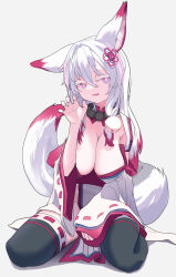Rule 34 | 1girl, absurdres, animal ears, bead necklace, beads, bell, black thighhighs, breasts, bright pupils, cleavage, colored eyelashes, detached sleeves, eyes visible through hair, fang, fox ears, fox girl, fox tail, hair bell, hair between eyes, hair intakes, hair ornament, hand up, highres, jewelry, jingle bell, large breasts, long hair, long sleeves, multicolored hair, multicolored tail, nazuna (sequel awake), necklace, open mouth, purple eyes, red hair, red tail, ribbon-trimmed sleeves, ribbon-trimmed thighhighs, ribbon trim, sequel (series), sequel awake, sitting, skin fang, solo, tail, thighhighs, two-tone hair, two-tone tail, white hair, white pupils, white sleeves, white tail, wide sleeves, yu xian (pixiv35650109)