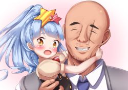 Rule 34 | 10s, 1boy, 1girl, :d, bad id, bad pixiv id, bald, black dress, blue hair, blush, board game, brown eyes, brown shirt, closed eyes, collared shirt, commentary request, dress, facing viewer, father and daughter, go takeo, grey vest, grin, hair ornament, high ponytail, highres, hoshikawa lily, hug, long hair, looking at viewer, mochiyuki, necktie, open mouth, ponytail, puffy short sleeves, puffy sleeves, purple neckwear, scar, scar across eye, scar on face, shirt, short sleeves, sleeveless, sleeveless dress, smile, spoilers, star (symbol), star hair ornament, vest, white shirt, zombie land saga