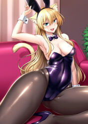 Rule 34 | 1girl, animal ears, arm up, armpits, blonde hair, breasts, cameltoe, cat ears, cat girl, cat tail, cleavage, cleft of venus, couch, fang, green eyes, heels, highres, large breasts, leotard, linea alba, long hair, looking at viewer, nokoppa, open mouth, original, pantyhose, playboy bunny, smile, solo, tail, thick thighs, thighs, wide hips