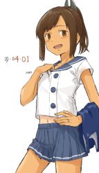 Rule 34 | 1girl, blue sailor collar, brown eyes, brown hair, cowboy shot, dated, hair ornament, hairclip, hand on own hip, i-401 (kancolle), jewelry, kantai collection, kawashina (momen silicon), looking at viewer, one-piece tan, ponytail, ring, sailor collar, short hair, short ponytail, shorts, simple background, smile, solo, tan, tanline, twitter username, wedding band, white background