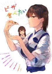 Rule 34 | 2girls, akagi (kancolle), brown hair, cheese trail, eating, food, fukazaki, highres, japanese clothes, kaga (kancolle), kantai collection, long hair, multiple girls, muneate, pizza, side ponytail, simple background, straight hair, translation request, white background