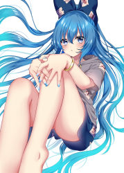 Rule 34 | 1girl, absurdres, bangle, bare legs, barefoot, blue bow, blue eyes, blue hair, blue nails, blue skirt, blush, bow, bracelet, commentary request, debt, feet out of frame, grey hoodie, hair between eyes, hair bow, highres, hood, hoodie, jewelry, knees up, long hair, looking at viewer, miniskirt, nail polish, parted lips, revision, shinonome asu, short sleeves, simple background, sitting, skirt, solo, thighs, touhou, very long hair, white background, yorigami shion