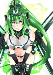 Rule 34 | 1girl, armband, bare shoulders, bent over, black gloves, black thighhighs, breasts, bright pupils, closed mouth, cowboy shot, crop top, elbow gloves, facing viewer, gloves, green hair, green heart (neptunia), groin, hair between eyes, hair intakes, headgear, high ponytail, horns, large breasts, long hair, looking at viewer, mecha musume, mechanical wings, neptune (series), next green, panties, ponytail, power symbol, power symbol-shaped pupils, shin jigen game neptune vii, single horn, smile, solo, standing, stomach, symbol-shaped pupils, thigh gap, thighhighs, underwear, vert (neptunia), very long hair, warabi mochi (ehimedaisuki), white pupils, wings