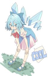 Rule 34 | 1girl, absurdres, banana takemura, blue dress, blue eyes, blue footwear, blue hair, blue nails, bow, bowtie, cirno, dress, english text, food, food in mouth, full body, grass, hair between eyes, highres, ice, ice wings, leaning forward, looking at viewer, medium hair, nail polish, popsicle, puffy short sleeves, puffy sleeves, red bow, red bowtie, short sleeves, simple background, socks, solo, standing, touhou, white background, white socks, wings