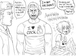 Rule 34 | 1girl, 2boys, backwards hat, baseball cap, bb (baalbuddy), commentary, english commentary, english text, facial hair, greyscale, harpy, hat, highres, monochrome, monster girl, multiple boys, original, print shirt, shirt, simple background, trolling, white background, wings