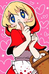 Rule 34 | 1girl, :&lt;, apron, blonde hair, blood, blood stain, blue eyes, bulleta, capelet, commentary, dokan (dkn), finger to mouth, heart, heart print, picnic basket, pink background, red capelet, red hood, simple background, solo, symbol-shaped pupils, upper body, vampire (game), white apron