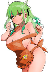 Rule 34 | 1girl, alternate breast size, antlers, apron, breasts, brown eyes, ceres fauna, cleavage, cup, dismassd, green hair, highres, holding, holding cup, hololive, hololive english, horns, large breasts, long hair, looking at viewer, milk, mole, mole under eye, naked apron, simple background, smile, solo, twintails, virtual youtuber, white background