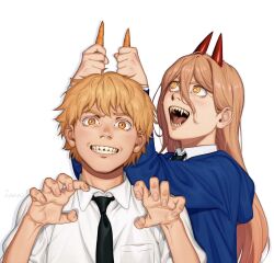 Rule 34 | 1boy, 1girl, black necktie, blonde hair, blue hoodie, brown hair, carrot, chainsaw man, claw pose, collared shirt, commentary, cross-shaped pupils, denji (chainsaw man), hair between eyes, highres, holding, holding carrot, hood, hoodie, horns, long hair, looking at object, looking at viewer, necktie, open mouth, power (chainsaw man), red horns, sharp teeth, shirt, short hair, simple background, symbol-only commentary, symbol-shaped pupils, teeth, white background, white shirt, xxlunawarriorxx, yellow eyes