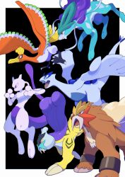 Rule 34 | absurdres, bird, black background, black eyes, border, closed mouth, commentary request, creatures (company), entei, fangs, frown, game freak, gen 1 pokemon, gen 2 pokemon, gogot, highres, ho-oh, legendary pokemon, lugia, mewtwo, nintendo, no humans, open mouth, pokemon, pokemon (creature), purple eyes, raikou, red eyes, suicune, talons, tongue, white border