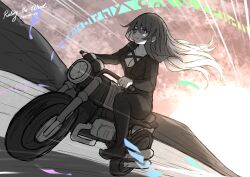 Rule 34 | 1girl, biker clothes, bikesuit, bodysuit, breasts, chiroru (cheese-roll), cleavage, closed mouth, cross-laced clothes, dated, english text, gradient hair, highres, hijiri byakuren, large breasts, long hair, motor vehicle, motorcycle, multicolored hair, official alternate costume, smile, solo, sorcerer&#039;s sutra scroll, touhou, turbo byakuren