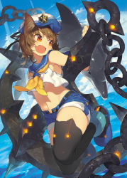 Rule 34 | 1girl, :d, anchor, animal ears, beret, black thighhighs, blue sailor collar, blush, boots, brown eyes, brown hair, cat ears, chain, crop top, fang, hat, katou itsuwa, navel, open mouth, original, sailor collar, short shorts, shorts, sleeveless, smile, solo, thighhighs
