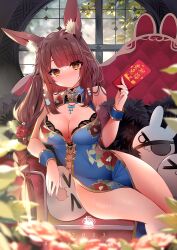 Rule 34 | 1girl, :3, animal ears, bare shoulders, blue dress, breasts, brown hair, chair, china dress, chinese clothes, cleavage, cleavage cutout, closed mouth, clothing cutout, dress, feather boa, gold trim, hand up, highres, hongbao, indie virtual youtuber, large breasts, long hair, looking at viewer, mole, mole under eye, no bra, no panties, pelvic curtain, rabbit ears, sitting, sleeveless, sleeveless dress, smile, solo, thighs, usagihime, usagihime (vtuber), very long hair, virtual youtuber, wrist cuffs, yellow eyes