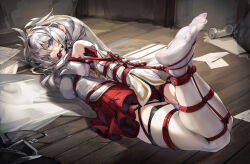 Rule 34 | 1girl, absurdres, arms behind back, bare shoulders, bdsm, blue eyes, blush, bondage, bound, bound ankles, bound arms, bound legs, breasts, closed mouth, detached sleeves, dress, feet, full body, gag, gagged, hair between eyes, hair ornament, highres, hogtie, honkai (series), honkai impact 3rd, indoors, kidnapping, legs, long hair, looking at viewer, lying, medium breasts, no shoes, on floor, on stomach, paper, red rope, red skirt, restrained, rope, shibari, shibari over clothes, side ponytail, skindentation, skirt, soles, solo, theresa apocalypse, theresa apocalypse (celestial hymn), thighhighs, thighs, toes, white dress, white hair, white thighhighs, wiffle gag, wooden floor, xun li eins
