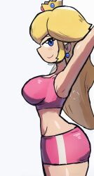 Rule 34 | 1girl, absurdres, armpits, arms behind head, blonde hair, blue eyes, breasts, from side, highres, large breasts, legs, looking at viewer, mario (series), midriff, nintendo, ponytail, princess, princess peach, shorts, sideboob, sidelocks, smile, solo, sports bra, super mario bros. 1, thick thighs, thighs, tony welt, wide hips