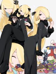 Rule 34 | 1girl, ^ ^, arched back, black coat, black eyes, black pants, blonde hair, book, breasts, clenched hand, closed eyes, closed mouth, coat, creatures (company), crossed legs, cynthia (pokemon), eating, female focus, food, food on face, from side, fur-trimmed coat, fur-trimmed sleeves, fur collar, fur trim, game freak, garchomp, gastrodon, gastrodon (west), gen 3 pokemon, gen 4 pokemon, grey background, grin, hair ornament, hair over one eye, half-closed eyes, hand up, hands up, happy, highres, holding, holding book, holding food, ice cream, ice cream cone, ice cream sandwich, idkuroi, invisible chair, leaning forward, licking lips, long hair, long sleeves, looking at viewer, looking down, lucario, milotic, multiple views, nintendo, one eye covered, open book, pants, pokemon, pokemon (anime), pokemon (creature), pokemon bw (anime), pokemon dppt (anime), reading, roserade, sidelocks, simple background, sitting, small breasts, smile, sparkle, spiritomb, standing, teeth, tongue, tongue out