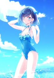 Rule 34 | 1girl, arm behind head, bare arms, bare legs, blue bow, blue eyes, blue hair, blue one-piece swimsuit, blue sky, blush, bow, breasts, casual one-piece swimsuit, choker, cleavage, cloud, collarbone, delicious party precure, earrings, fuwa kokone, hair bow, highres, jewelry, kyoutsuugengo, long hair, ocean, one-piece swimsuit, open mouth, plaid, plaid swimsuit, precure, sky, small breasts, solo, swept bangs, swimsuit, wading, white choker