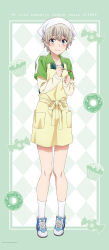 Rule 34 | 1boy, absurdres, androgynous, apron, blue eyes, blush, closed mouth, collarbone, collared shirt, copyright name, full body, green shirt, hair between eyes, highres, holding, holding spoon, layered sleeves, long sleeves, male focus, shirt, shoes, short hair, short over long sleeves, short sleeves, silver hair, smile, sneakers, socks, solo, spoon, totsuka saika, trap, white socks, wing collar, yahari ore no seishun lovecome wa machigatteiru., yellow apron