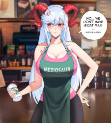 Rule 34 | 1girl, alternate costume, angry, apron, artist name, blouse, blush, breasts, cleavage, coffee maker, contemporary, cup, embarrassed, english text, female focus, fire emblem, fire emblem heroes, freyja (fire emblem), hand on own hip, holding, holding cup, holding pen, horns, iced latte with breast milk (meme), large breasts, long hair, meme, meziosaur, nintendo, pen, pink shirt, red eyes, shirt, sleeveless, sleeveless shirt, solo, speech bubble, standing