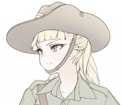 Rule 34 | 1girl, blonde hair, blunt bangs, chin strap, collarbone, dorotabou (dieter), girls und panzer, green eyes, hat, long hair, looking to the side, ponytail, portrait, simple background, slouch hat, smile, solo, wallaby (girls und panzer), white background