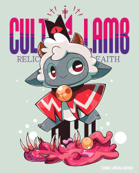 Rule 34 | 1other, :&gt;, bell, brown horns, cape, copyright name, cult of the lamb, furry, grey background, horizontal pupils, horns, jumping, kumano sakunosuke, monster, neck bell, no humans, no nose, red cape, red crown (cult of the lamb), sheep horns, simple background, the lamb (cult of the lamb), twitter username