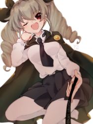 Rule 34 | 10s, 1girl, ;d, anchovy (girls und panzer), anzio school uniform, artist name, backlighting, belt, black belt, black cape, black footwear, black necktie, black ribbon, black skirt, blurry, cape, commentary, dress shirt, drill hair, girls und panzer, green hair, hair ribbon, hand on own face, holding, kari okome, loafers, long hair, long sleeves, looking at viewer, miniskirt, necktie, one eye closed, open mouth, pantyhose, pleated skirt, red eyes, ribbon, riding crop, school uniform, shirt, shoes, signature, simple background, skirt, smile, smirk, solo, twin drills, twintails, twitter username, white background, white pantyhose, white shirt