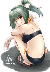 Rule 34 | 1girl, artist logo, bikini, black bikini, butt crack, commentary request, dated, from behind, green hair, kantai collection, ld (luna dial398), long hair, looking at viewer, looking back, ponytail, red eyes, sandals, simple background, solo, squatting, swimsuit, white background, yuubari (kancolle)