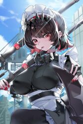 Rule 34 | 1girl, absurdres, bell, black hair, blue sky, breasts, cloud, colored inner hair, cowbell, ct.ender, ellen joe, fingernails, fins, fish tail, hair between eyes, highres, holding, holding weapon, large breasts, looking at viewer, maid, maid headdress, mole, mole under eye, multicolored hair, nail polish, outdoors, red eyes, red hair, red nails, shark tail, short hair, sidelocks, sky, solo, tail, two-tone hair, weapon, zenless zone zero