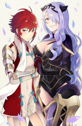Rule 34 | 2girls, armor, breastplate, breasts, camilla (fire emblem), cleavage, cleavage cutout, clothing cutout, curly hair, fire emblem, fire emblem fates, hair over one eye, highres, hinoka (fire emblem), holding hands, interlocked fingers, large breasts, long hair, looking at viewer, multiple girls, nintendo, purple eyes, purple hair, red hair, short hair, smile, thighhighs, yellow eyes