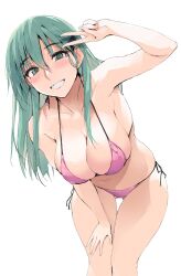Rule 34 | 1girl, aqua eyes, aqua hair, bikini, breasts, cleavage, collarbone, commentary request, grin, hair ornament, hairclip, highres, kantai collection, large breasts, leaning forward, long hair, looking at viewer, parted lips, pink bikini, side-tie bikini bottom, smile, solo, suzuya (kancolle), swimsuit, thigh gap, v, zekkyon