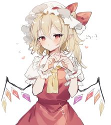 Rule 34 | 1girl, ascot, blonde hair, blush, crystal, flandre scarlet, flying sweatdrops, hair between eyes, hat, heart, heart hands, highres, mob cap, one side up, pointy ears, puffy sleeves, red eyes, red vest, short sleeves, simple background, skirt, solo, sorani (kaeru0768), touhou, vest, white background, white hat, wings, wrist cuffs, yellow ascot
