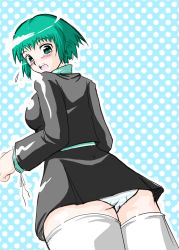 Rule 34 | 1girl, ass, atlus, black skirt, blue background, blush, breasts, clenched hands, collar, green eyes, green hair, highres, large breasts, long sleeves, looking back, looking down, matching hair/eyes, open mouth, panties, persona, persona 3, polka dot, polka dot background, school uniform, serafuku, short hair, sidelocks, skirt, solo, standing, striped clothes, striped panties, surprised, sweat, sweatdrop, teeth, thighhighs, tongue, underwear, upskirt, white thighhighs, yamagishi fuuka, zettai ryouiki
