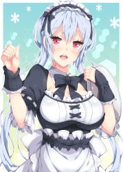 Rule 34 | 1girl, alternate costume, apron, black bow, black bowtie, bow, bowtie, breasts, choker, cleavage, detached collar, enmaided, floating hair, hair between eyes, holding, large breasts, long hair, looking at viewer, maid, maid headdress, matoi (pso2), milkpanda, open mouth, phantasy star, phantasy star online 2, red eyes, short sleeves, silver hair, solo, twintails, upper body, very long hair, white apron, white bow, wrist cuffs