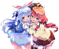 Rule 34 | 2girls, :d, ahoge, animal ears, beret, black thighhighs, blue hair, brown eyes, cardigan, carrot hair ornament, commentary request, cowboy shot, fang, food-themed hair ornament, fujishima-sei ichi-gou, fur-trimmed jacket, fur trim, garter straps, green eyes, hair ornament, hat, heart, heart hands, heart hands duo, highres, hololive, jacket, leaning forward, long hair, long sleeves, looking at viewer, low twintails, multiple girls, open mouth, pink hair, rabbit ears, rabbit girl, sakura miko, sakura miko (casual), simple background, skin fang, smile, teeth, thighhighs, tied ears, twintails, usada pekora, usada pekora (casual), virtual youtuber, white background