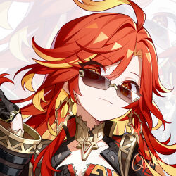 1girl ahoge armor bad_tag black_armor black_gloves blonde_hair cleavage_cutout closed_mouth clothing_cutout earrings genshin_impact gloves jewelry long_hair looking_at_viewer mavuika_(genshin_impact) multicolored_hair portrait quan_(kurisu_tina) red_hair solo sunglasses two-tone_hair unworn_eyewear zoom_layer