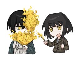 Rule 34 | 1boy, 1girl, black coat, black hair, blue coat, branch, brown jacket, chibi, coat, dongbaek (project moon), flower, flower over eye, hair flower, hair ornament, hand fan, highres, holding, holding branch, holding fan, ivy (675671), jacket, limbus company, open mouth, project moon, short hair, simple background, smile, upper body, white background, white coat, yellow eyes, yellow flower, yi sang (project moon)