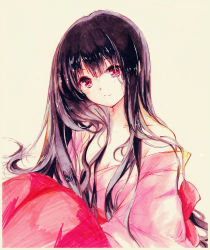 Rule 34 | 1girl, absurdres, alitia, bare shoulders, black hair, breasts, collarbone, highres, houraisan kaguya, japanese clothes, kimono, long hair, looking at viewer, marker (medium), off shoulder, pink eyes, sash, sitting, small breasts, smile, solo, touhou, traditional media, very long hair
