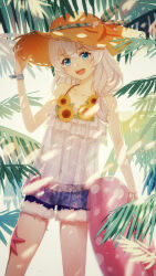 Rule 34 | 1girl, :d, absurdres, belt, blue eyes, collarbone, commentary, cowboy shot, denim, denim shorts, flower, hat, highres, holding, holding swim ring, honkai (series), honkai impact 3rd, innertube, long hair, looking at viewer, navel, open mouth, outdoors, palm leaf, see-through, shorts, smile, solo, starfish, stomach, straw hat, sunflower, swim ring, symbol-only commentary, teeth, theresa apocalypse, theresa apocalypse (valkyrie pledge), upper teeth only, white hair, xiaozi