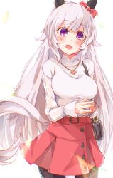 Rule 34 | 1girl, :d, alternate hair length, alternate hairstyle, animal ears, bag, blush, bow, breasts, brown pantyhose, commentary request, curren chan (umamusume), ear bow, grey hair, hair between eyes, highres, horse ears, horse girl, horse tail, long hair, long sleeves, looking at viewer, medium breasts, open mouth, pantyhose, pleated skirt, purple eyes, red bow, red skirt, rinrin (927413), see-through, see-through sleeves, shirt, shoulder bag, skirt, sleeves past wrists, smile, solo, steepled fingers, tail, umamusume, very long hair, white background, white shirt
