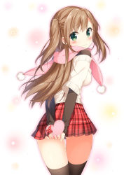 Rule 34 | 1girl, arms behind back, black thighhighs, box, brown hair, casual, cowboy shot, from behind, gift, gift box, green eyes, holding, long hair, looking at viewer, looking back, masuishi kinoto, original, pink scarf, plaid, plaid skirt, pleated skirt, polka dot, scarf, shima (shima je), skirt, smile, solo, thighhighs, two side up, zettai ryouiki