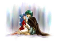 Rule 34 | aqua eyes, aqua hair, arm support, barefoot, bed, blue eyes, blue hair, brother and sister, cape, eirika (fire emblem), ephraim (fire emblem), eye contact, fire emblem, fire emblem: the sacred stones, grabbing another&#039;s chin, imminent kiss, incest, long hair, looking at another, nintendo, pants, prince, princess, short hair, siblings, sitting, skirt