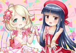 Rule 34 | 2girls, :d, ahoge, bare shoulders, bead bracelet, beads, beret, blue hair, blunt bangs, blush, bow, bracelet, commentary request, dress, flower, gloves, green eyes, hair flower, hair ornament, hat, highres, holding hands, idolmaster, idolmaster cinderella girls, idolmaster cinderella girls starlight stage, interlocked fingers, jewelry, layered dress, light brown hair, long hair, looking at viewer, multiple girls, musical note, open mouth, parted bangs, pink bow, pink dress, pink flower, pink gloves, puffy short sleeves, puffy sleeves, quarter note, red bow, red dress, red eyes, red headwear, regular mow, sajo yukimi, short sleeves, sleeveless, sleeveless dress, smile, very long hair, yusa kozue