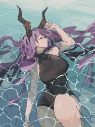 Rule 34 | acctops, arknights, black horns, black shirt, breasts, highres, horn hairband, horns, in water, large breasts, off shoulder, purple hair, shirt, single thighhigh, thighhighs, typhon (arknights)